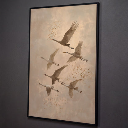 Cranes in Flight Canvas Print in Oatmeal & Taupe shown in black floating frame