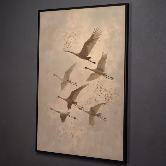 Cranes in Flight Canvas Print in Oatmeal & Taupe shown in black floating frame