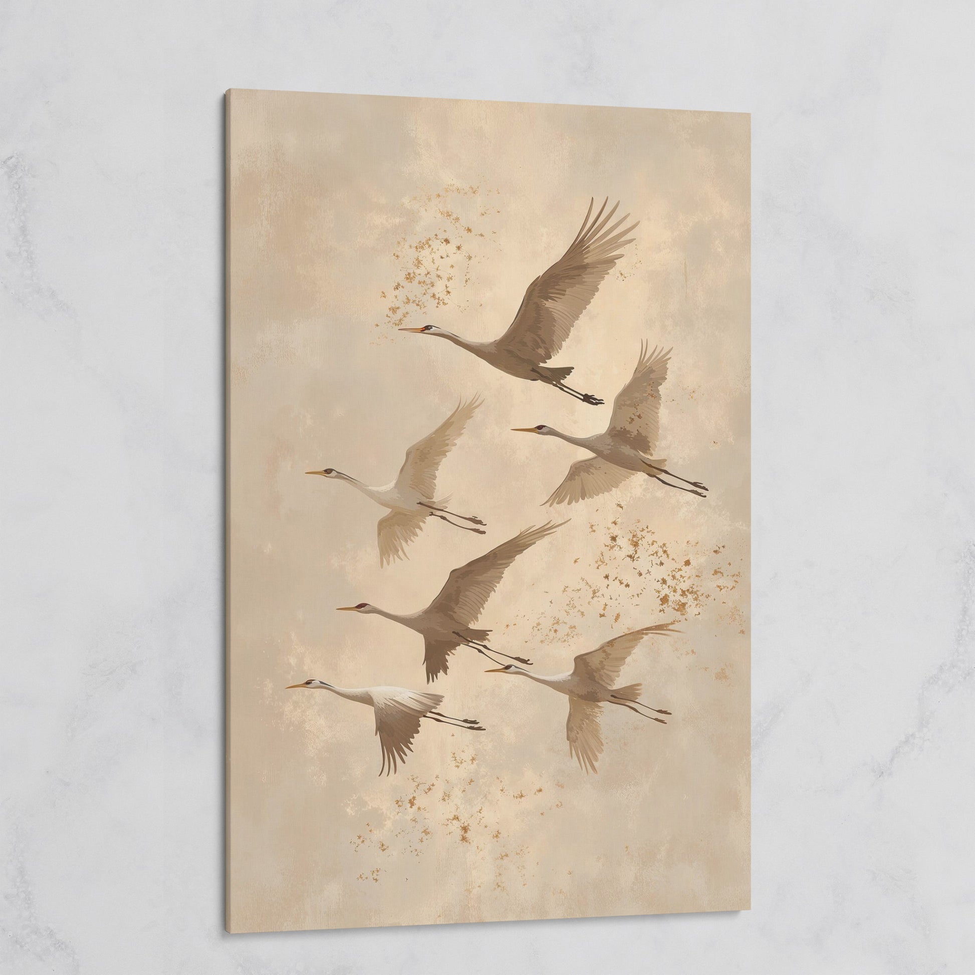Cranes in Flight Canvas Print in Oatmeal & Taupe on gallery wrap
