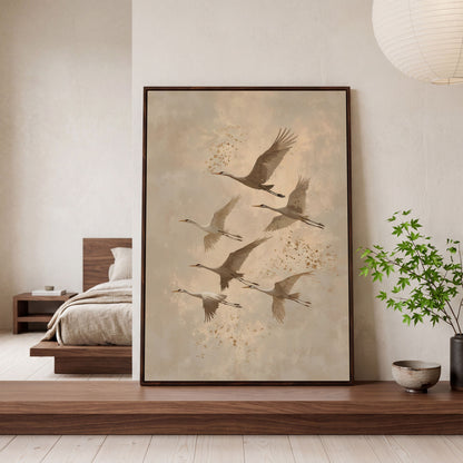 Cranes in Flight Canvas Print in Oatmeal & Taupe in dark walnut floating frame
