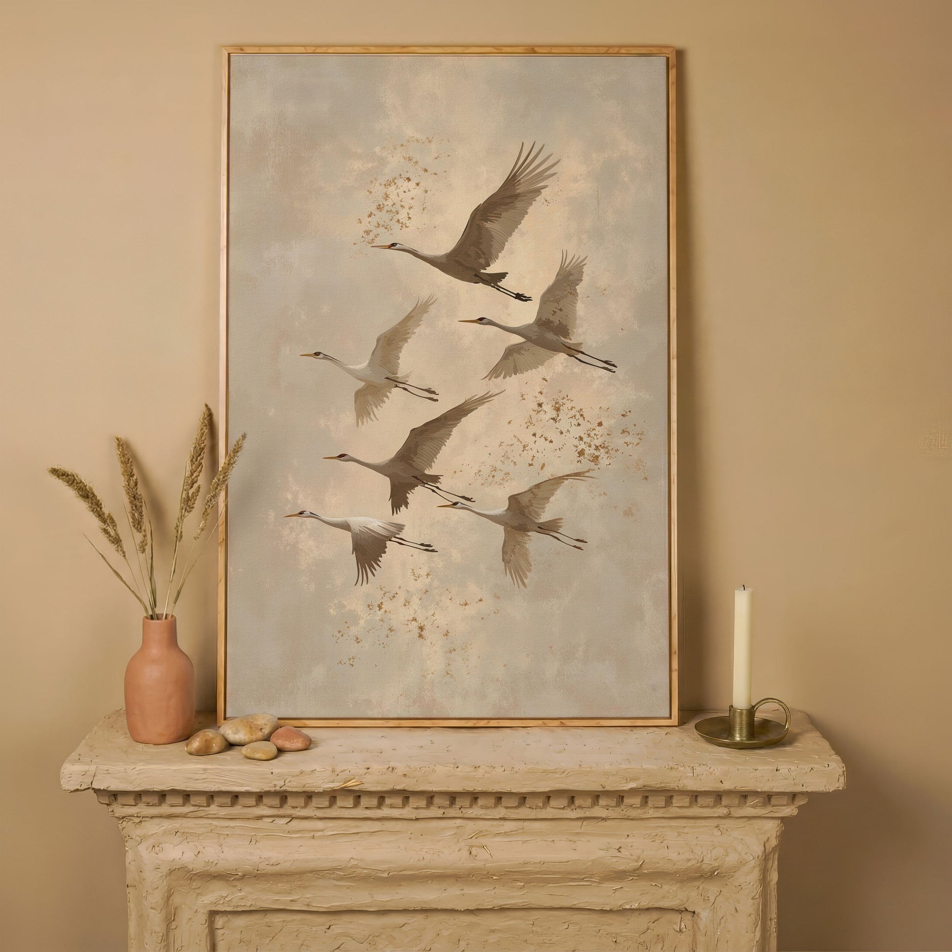 Cranes in Flight Canvas Print in Oatmeal & Taupe in white oak floating frame