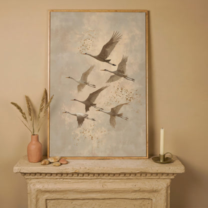 Cranes in Flight Canvas Print in Oatmeal & Taupe in white oak floating frame