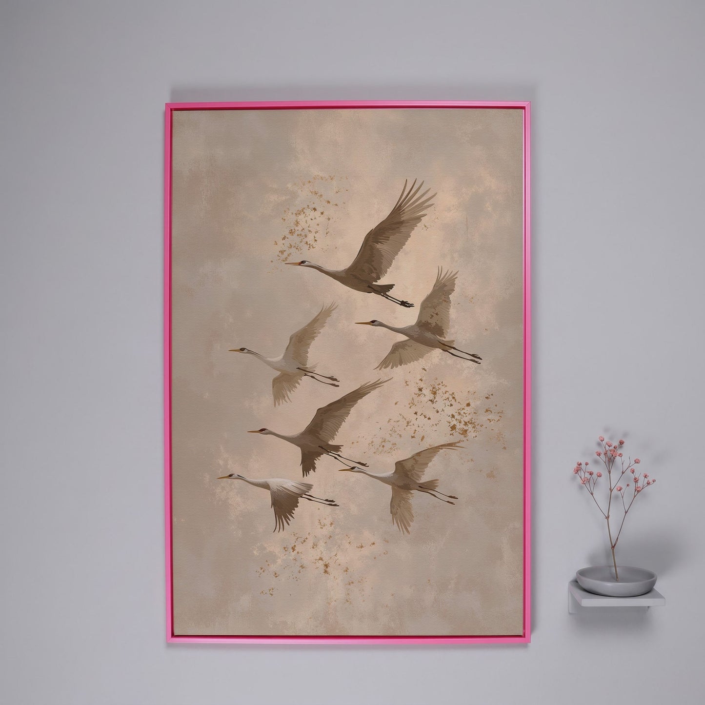 Cranes in Flight Canvas Print in Oatmeal & Taupe in pink floating frame