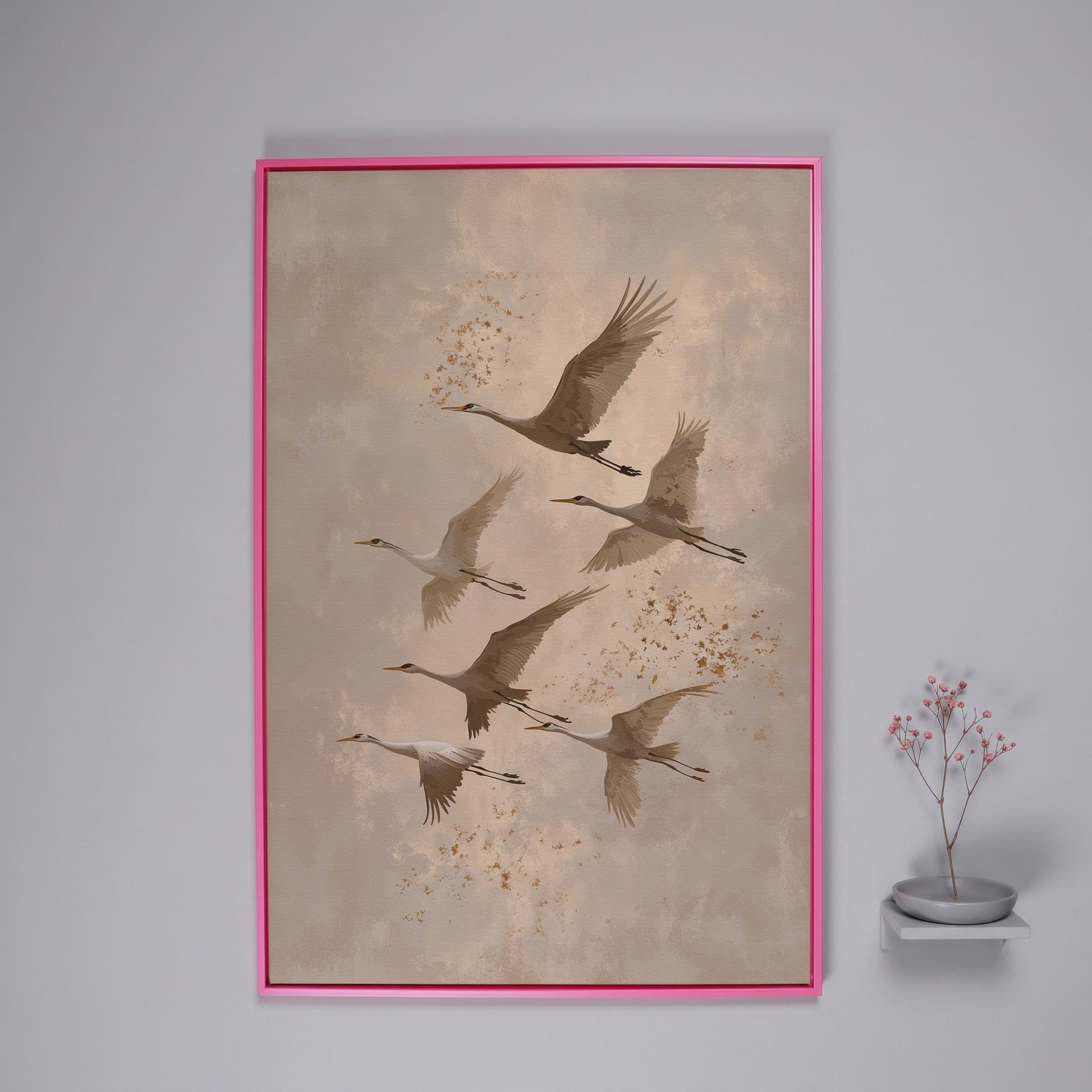 Cranes in Flight Canvas Print in Oatmeal & Taupe in pink floating frame