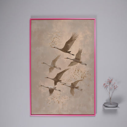 Cranes in Flight Canvas Print in Oatmeal & Taupe in pink floating frame