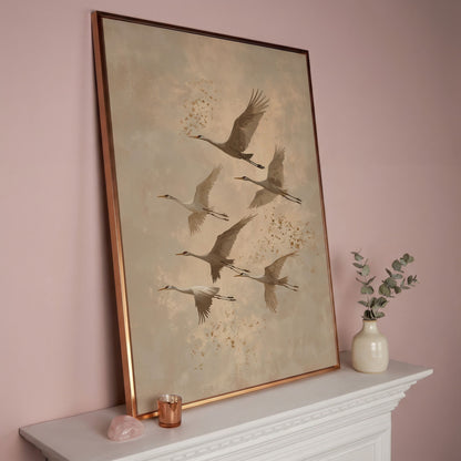 Cranes in Flight Canvas Print in Oatmeal & Taupe in rose gold floating frame