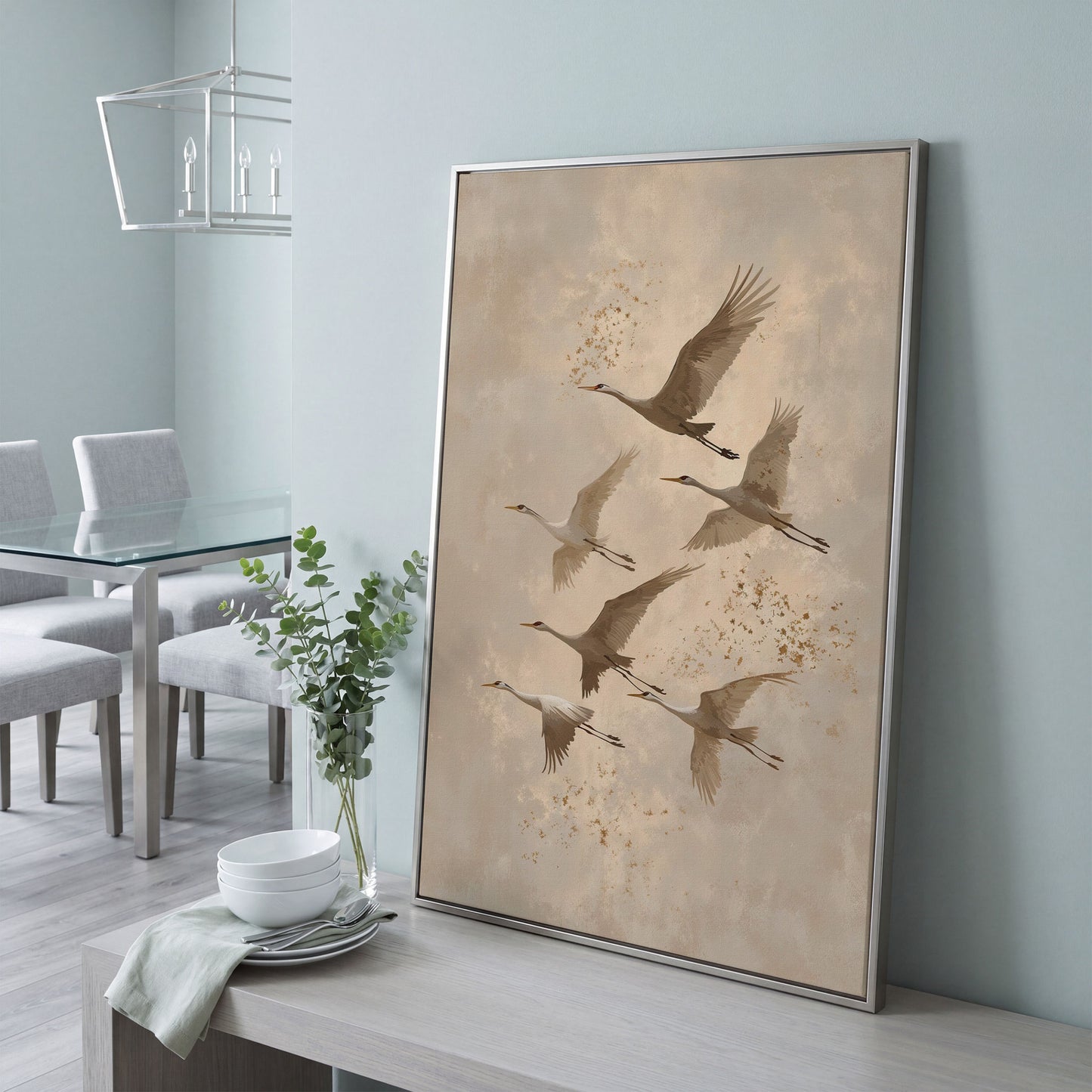 Cranes in Flight Canvas Print in Oatmeal & Taupe in silver floating frame