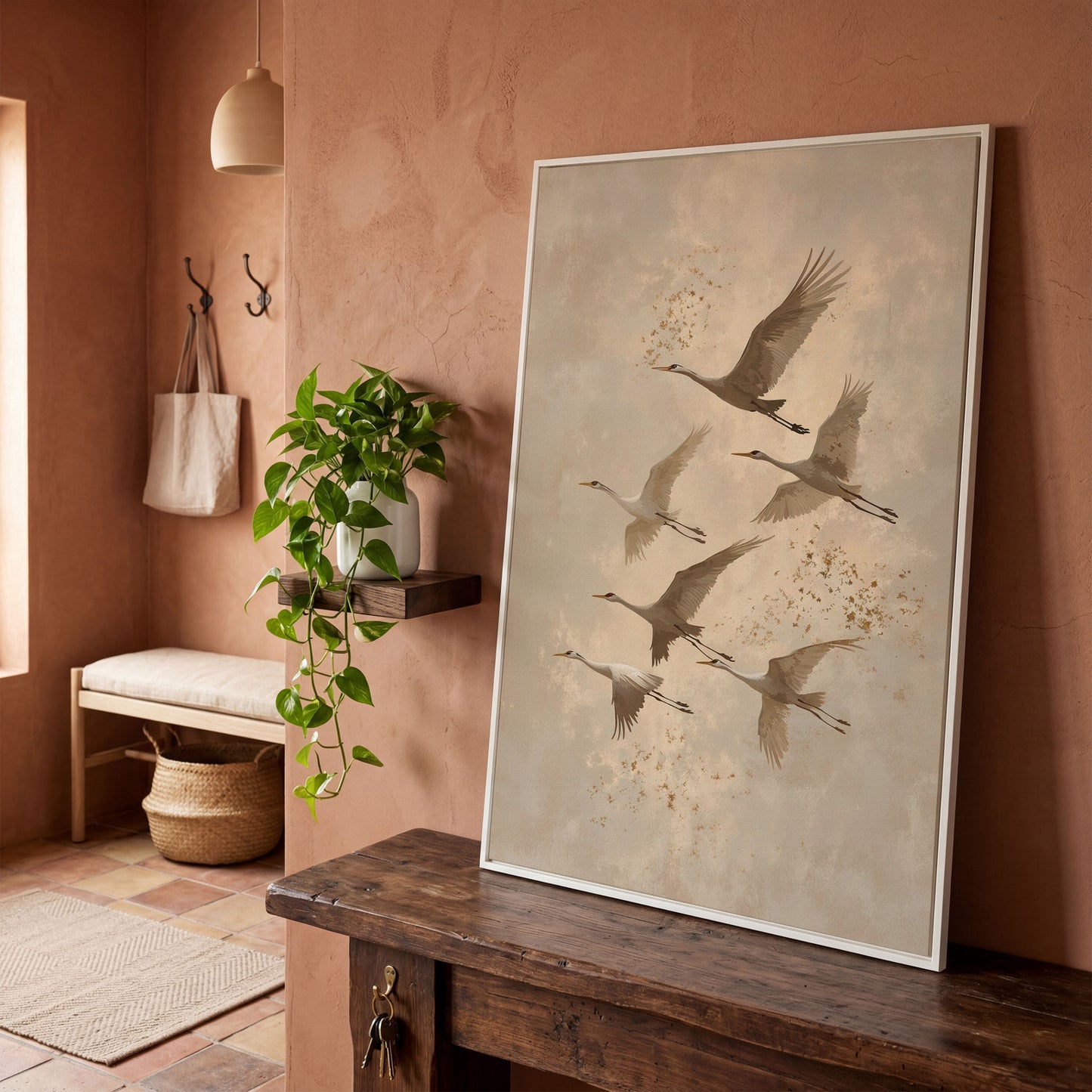 Cranes in Flight Canvas Print in Oatmeal & Taupe in white floating frame