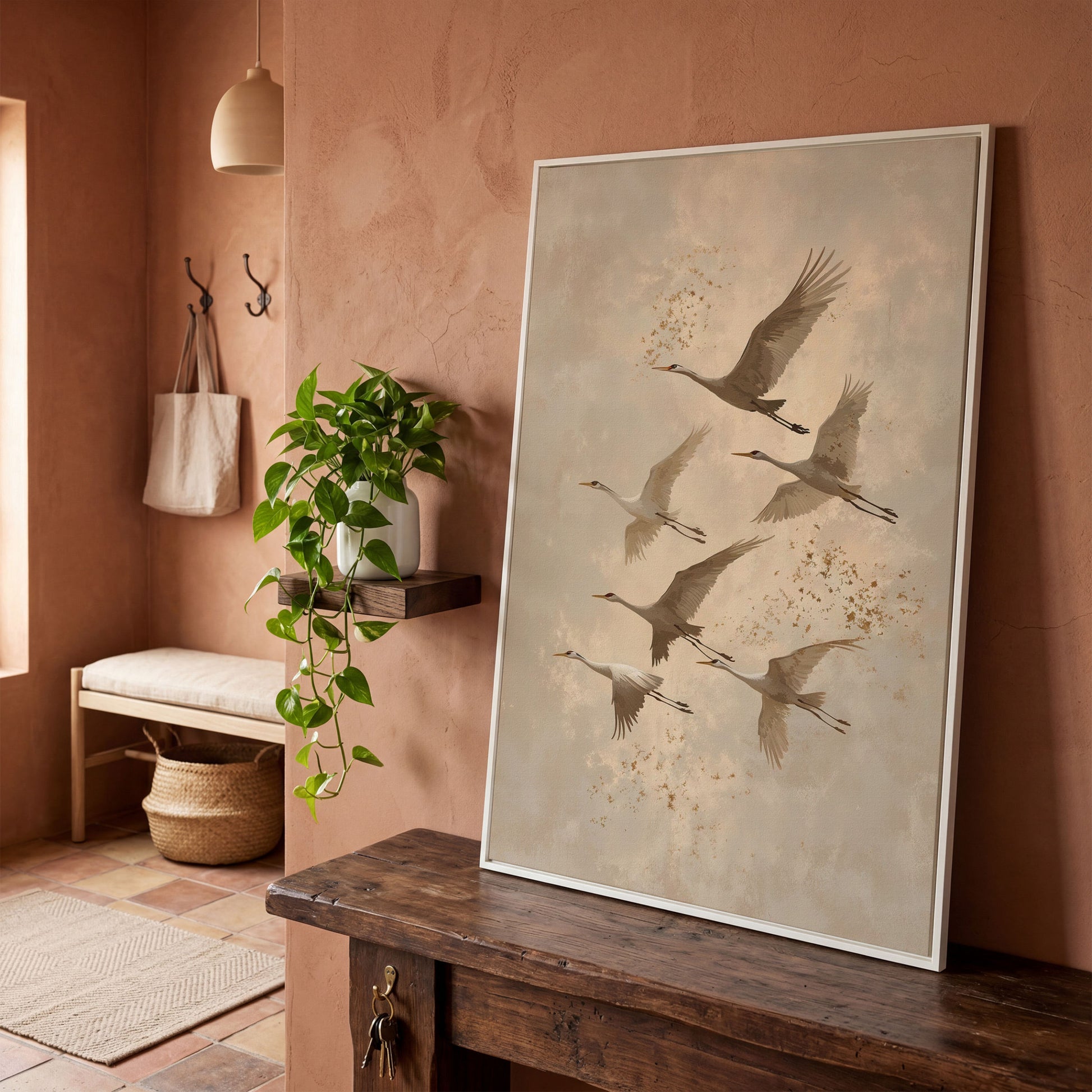 Cranes in Flight Canvas Print in Oatmeal & Taupe in white floating frame