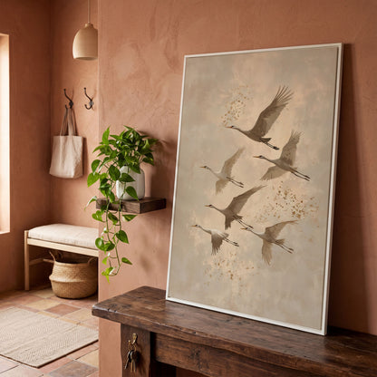 Cranes in Flight Canvas Print in Oatmeal & Taupe in white floating frame