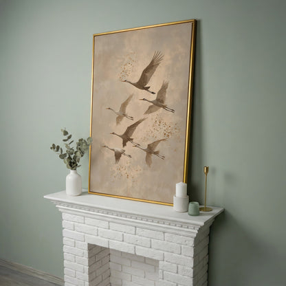 Cranes in Flight Canvas Print in Oatmeal & Taupe in yellow gold floating frame