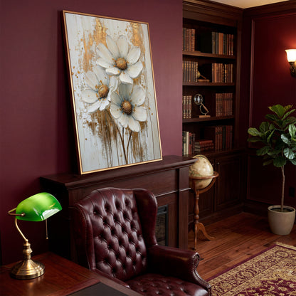 Modern Botanical Canvas with White and Gold Flowers in antique gold floating frame