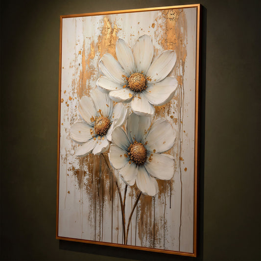 Modern Botanical Canvas with White and Gold Flowers shown in antique gold floating frame