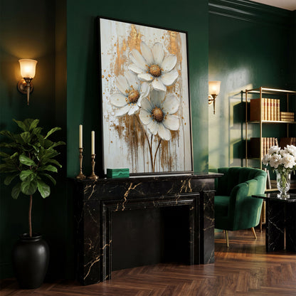 Modern Botanical Canvas with White and Gold Flowers in black floating frame