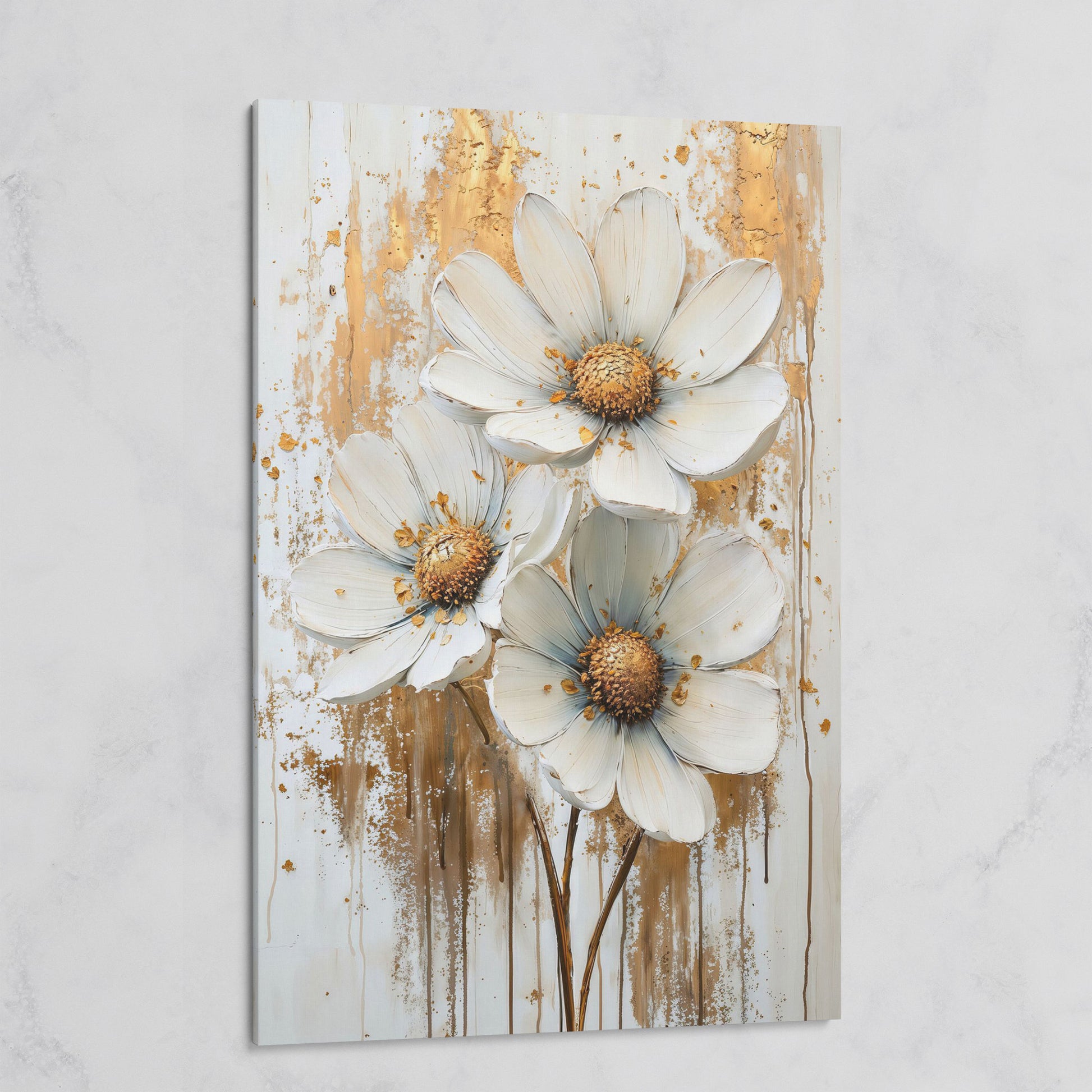 Modern Botanical Canvas with White and Gold Flowers on gallery wrap