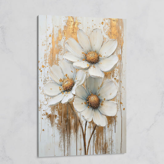 Modern Botanical Canvas with White and Gold Flowers on gallery wrap