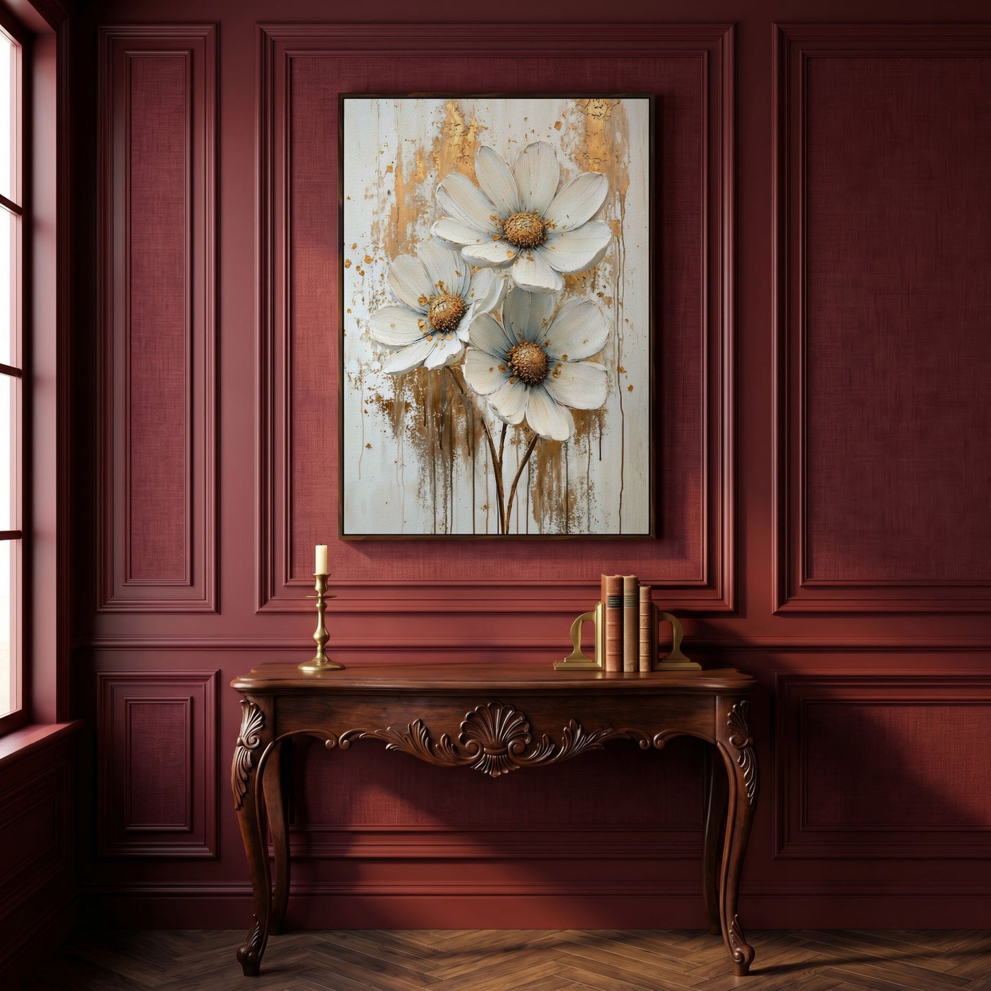 Modern Botanical Canvas with White and Gold Flowers in dark walnut floating frame