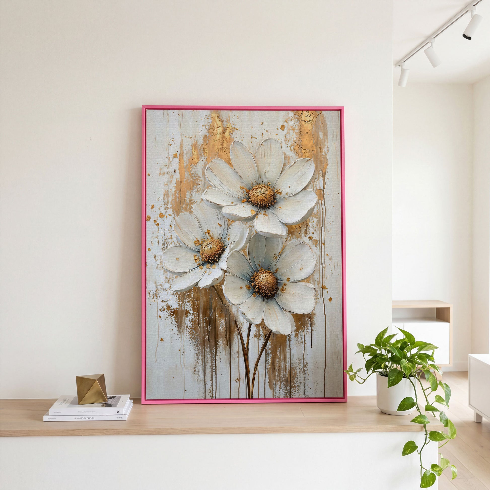 Modern Botanical Canvas with White and Gold Flowers in pink floating frame