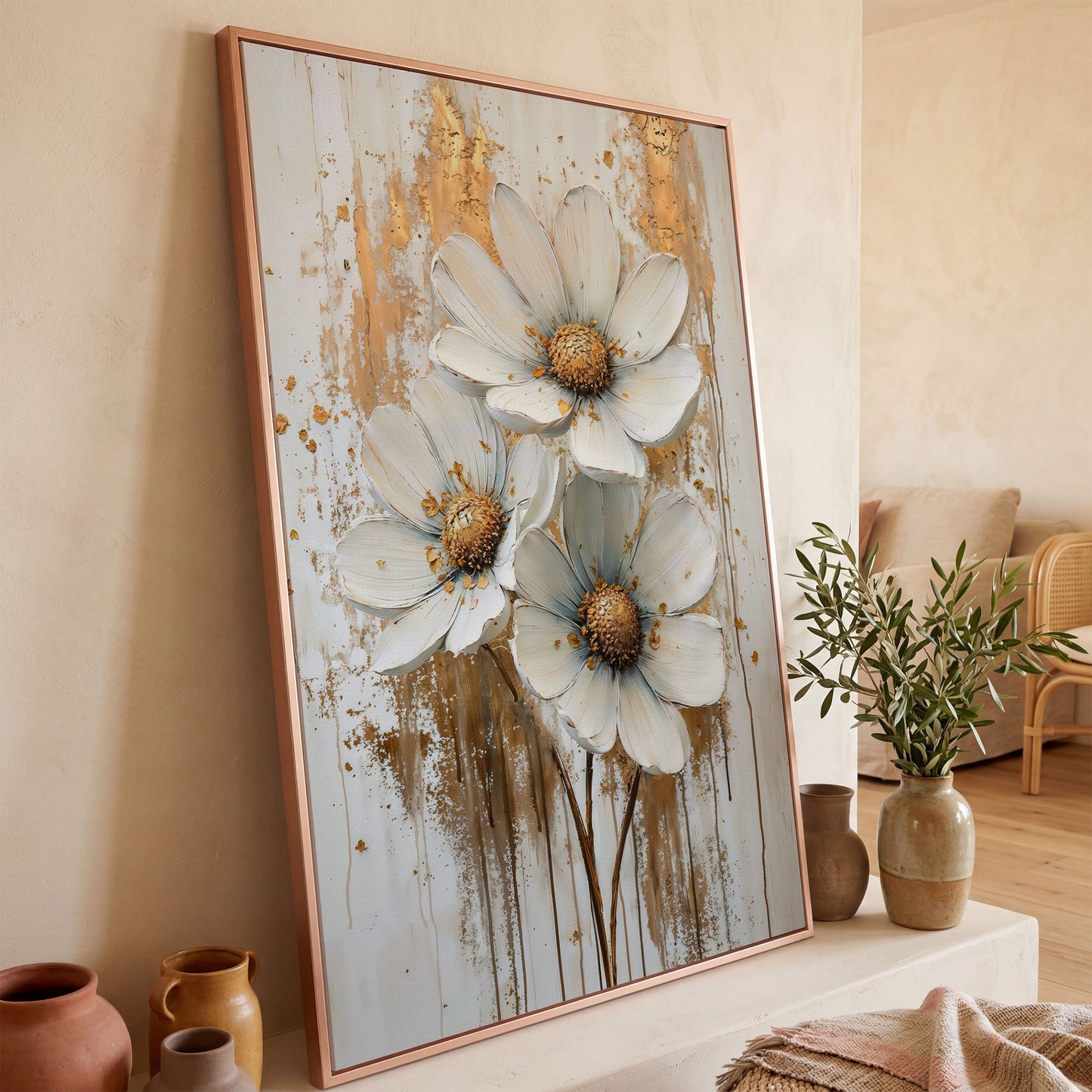 Modern Botanical Canvas with White and Gold Flowers in rose gold floating frame