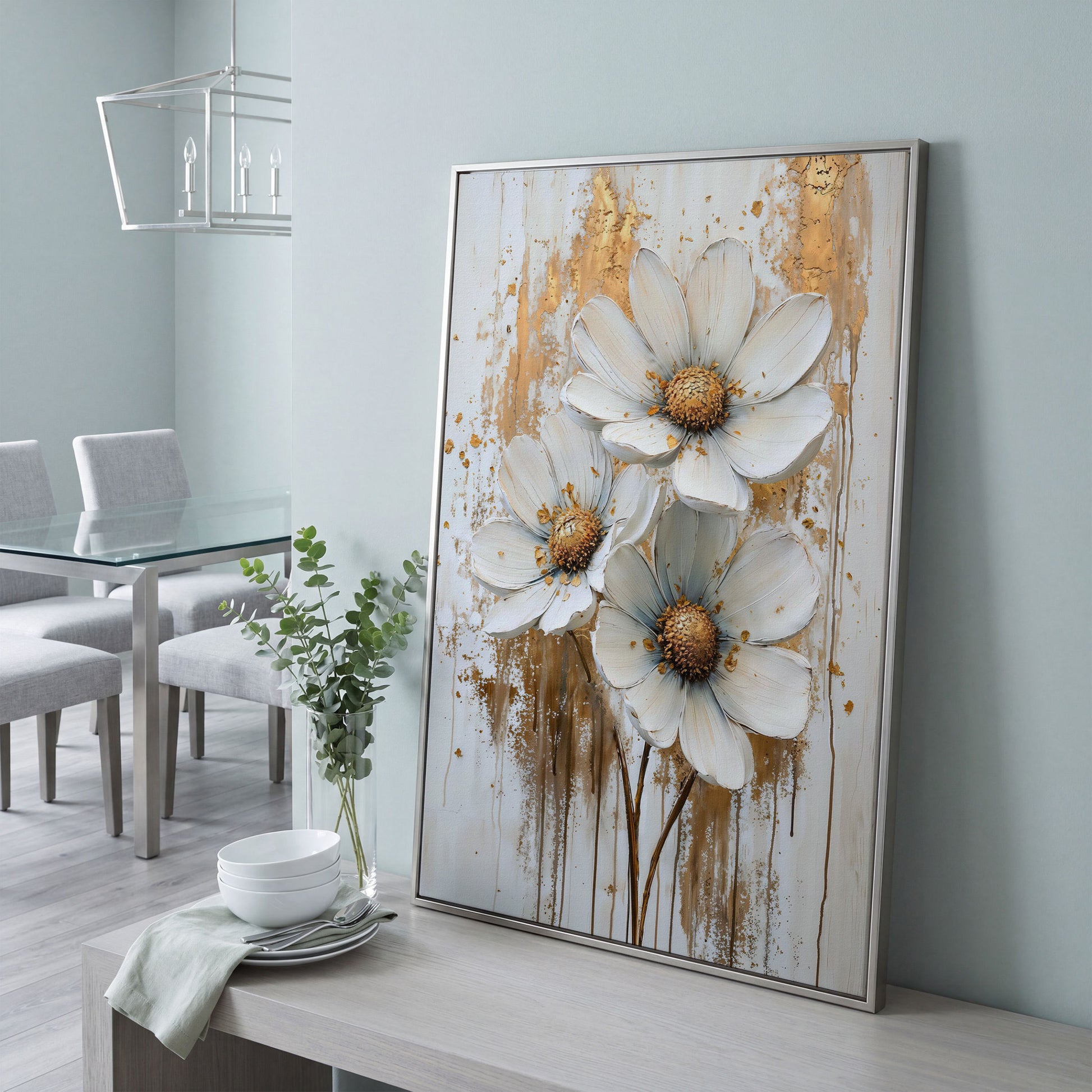 Modern Botanical Canvas with White and Gold Flowers in silver floating frame