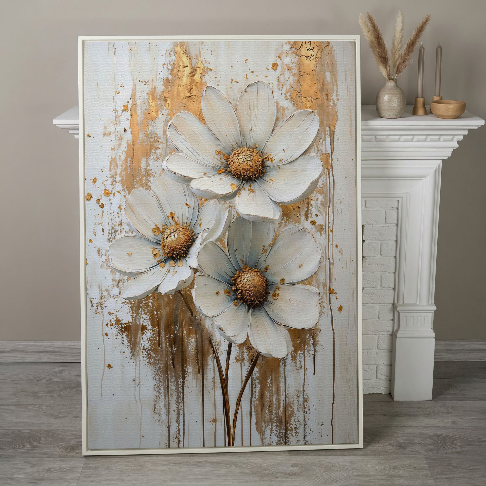 Modern Botanical Canvas with White and Gold Flowers in white floating frame