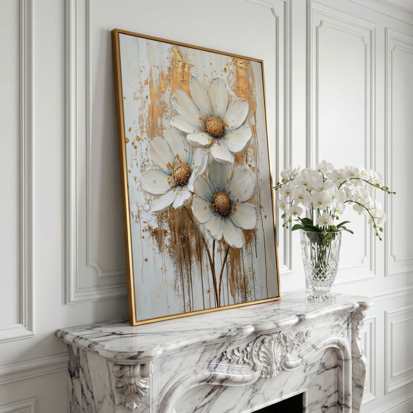 Modern Botanical Canvas with White and Gold Flowers in yellow gold floating frame
