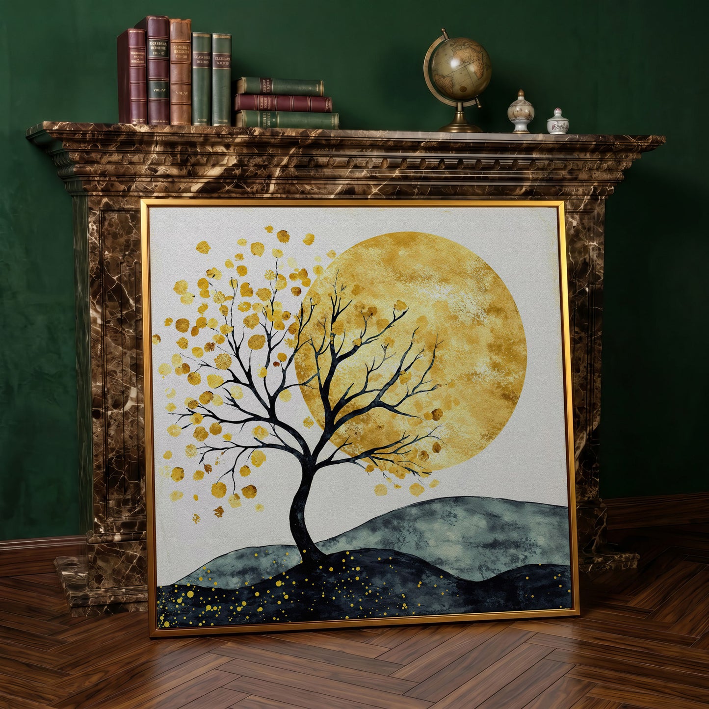 Golden Sun and Tree Abstract Autumn Canvas in antique gold floating frame