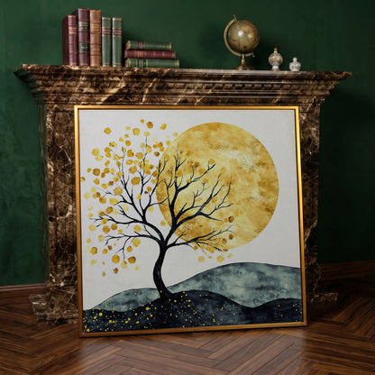 Golden Sun and Tree Abstract Autumn Canvas in antique gold floating frame