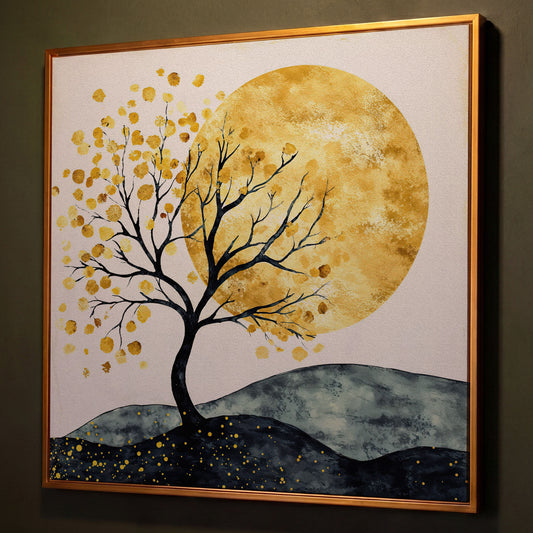 Golden Sun and Tree Abstract Autumn Canvas shown in antique gold floating frame