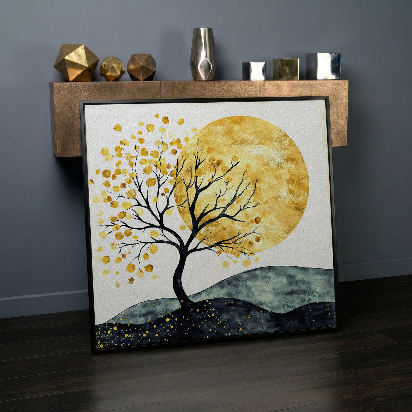 Golden Sun and Tree Abstract Autumn Canvas in black floating frame