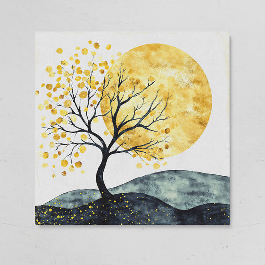 Golden Sun and Tree Abstract Autumn Canvas on gallery wrap