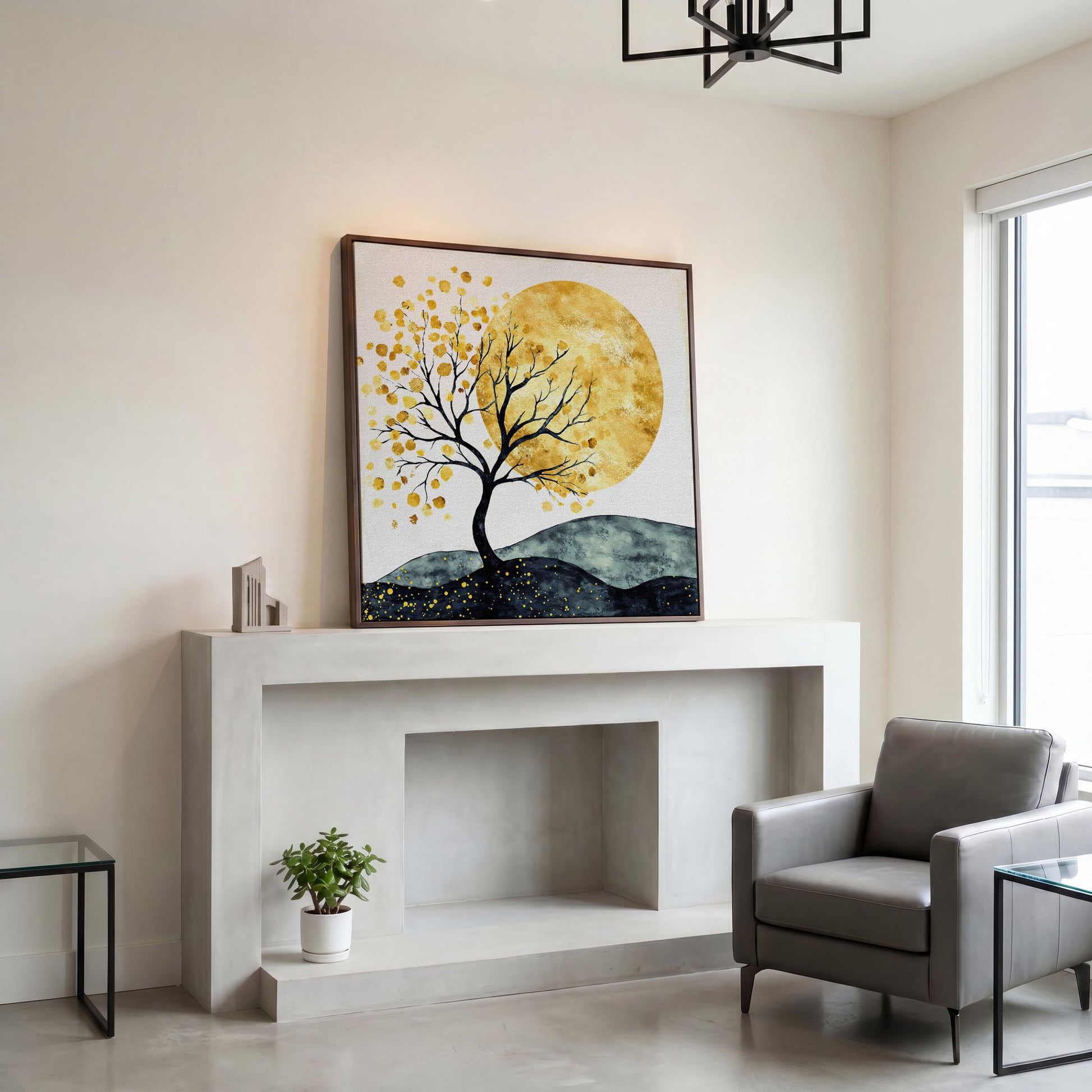 Golden Sun and Tree Abstract Autumn Canvas in dark walnut floating frame