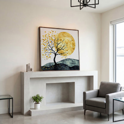 Golden Sun and Tree Abstract Autumn Canvas in dark walnut floating frame