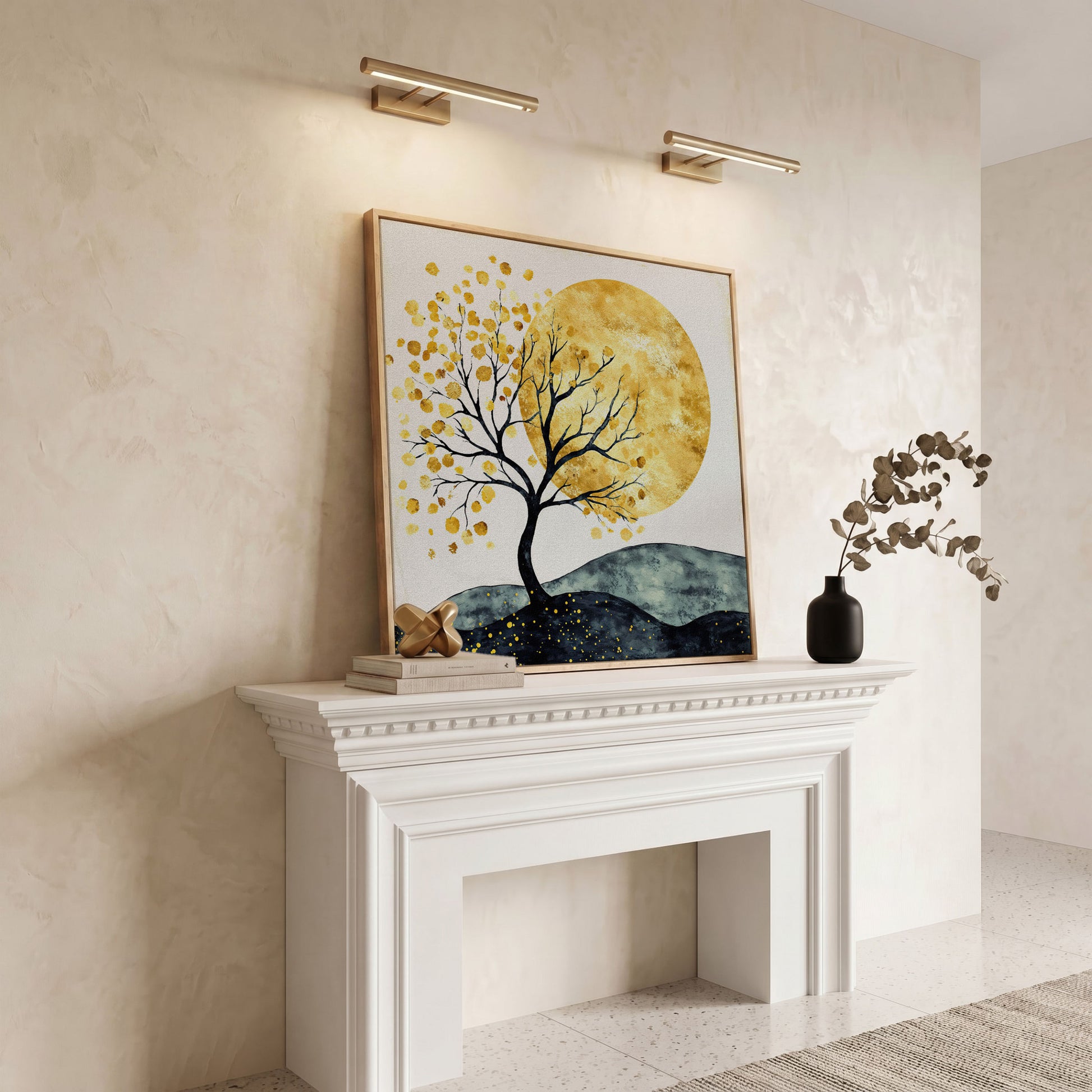Golden Sun and Tree Abstract Autumn Canvas in white oak floating frame