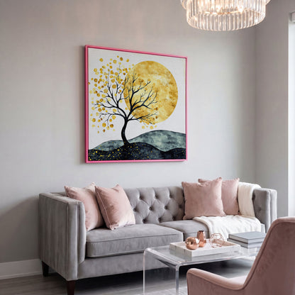 Golden Sun and Tree Abstract Autumn Canvas in pink floating frame