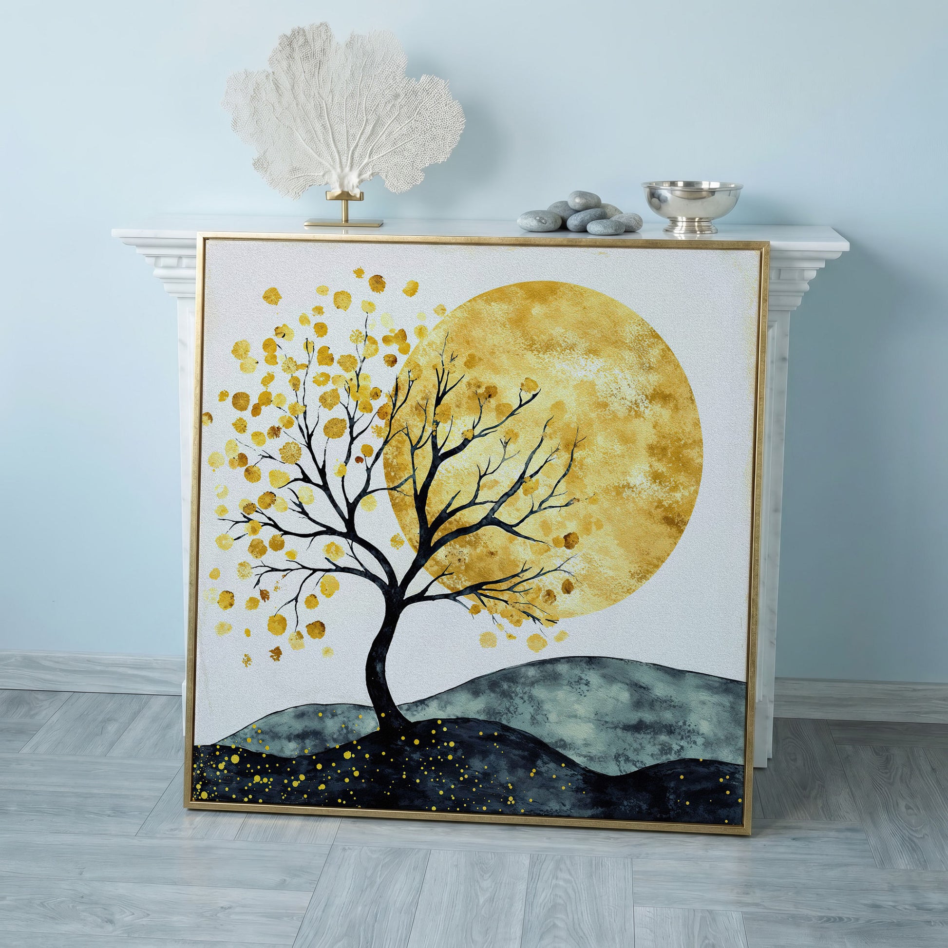 Golden Sun and Tree Abstract Autumn Canvas in rose gold floating frame