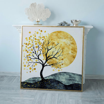 Golden Sun and Tree Abstract Autumn Canvas in rose gold floating frame