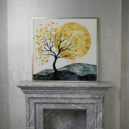 Golden Sun and Tree Abstract Autumn Canvas in silver floating frame