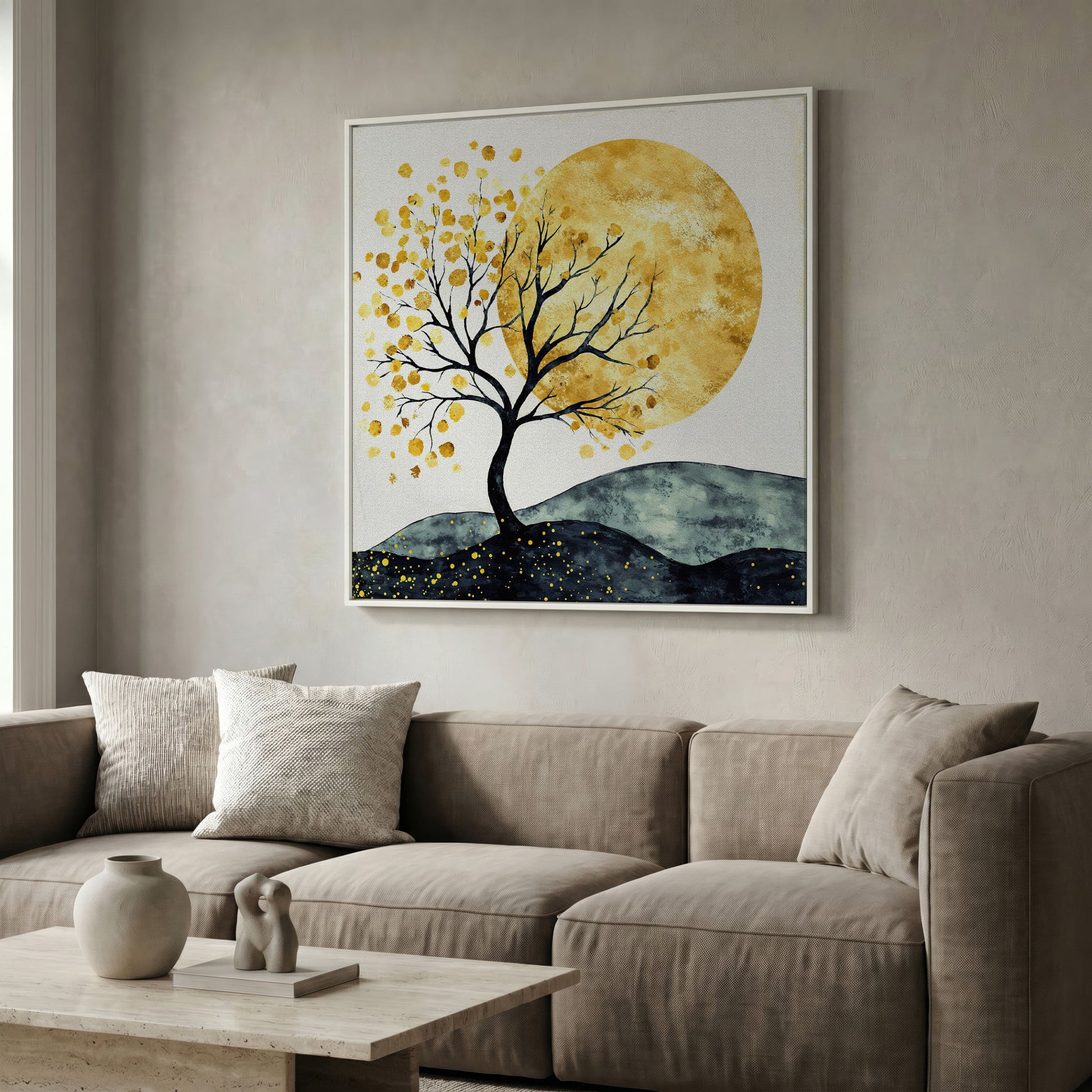 Golden Sun and Tree Abstract Autumn Canvas in white floating frame