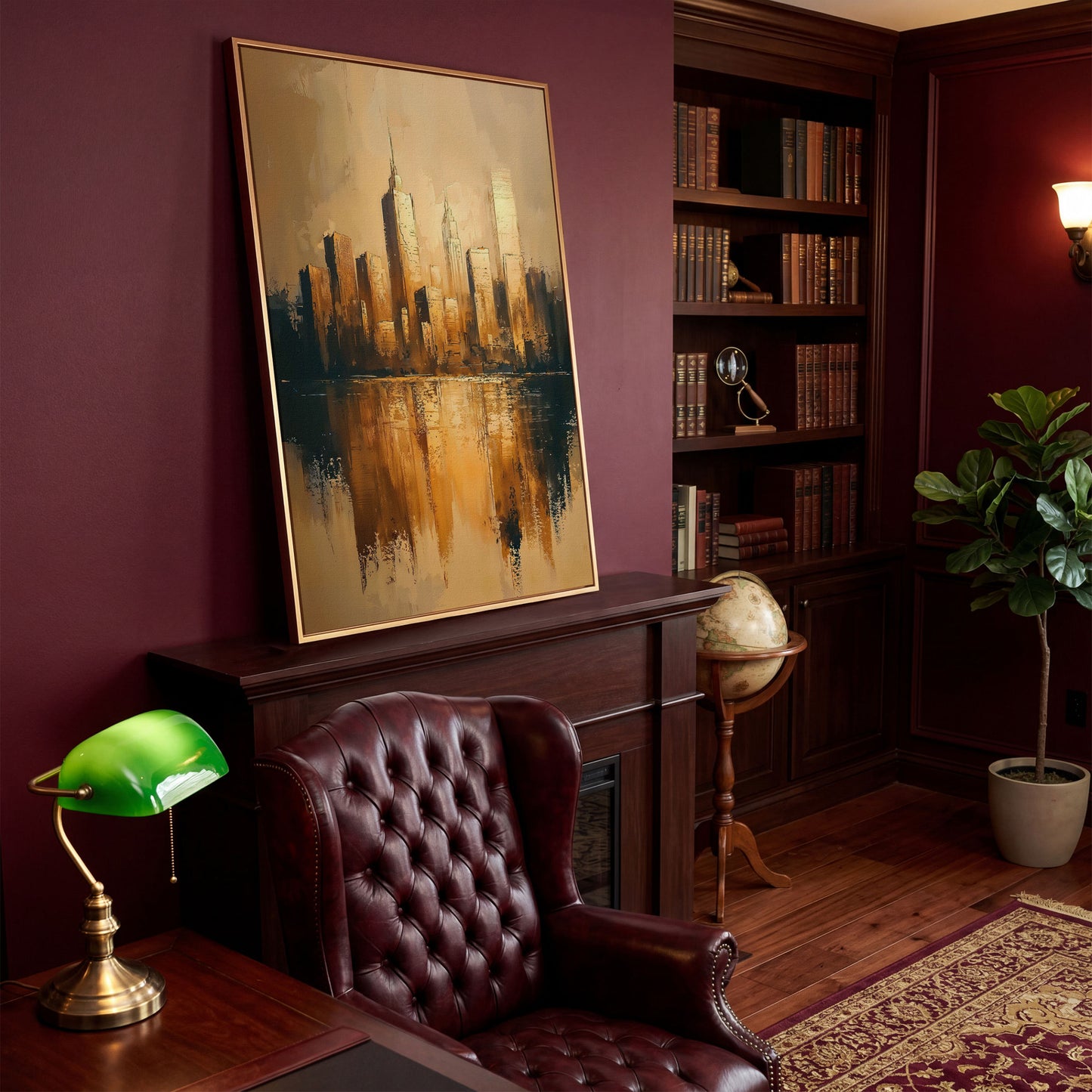 Golden Skyline Reflection Cityscape Canvas in antique gold floating frame