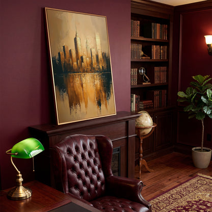 Golden Skyline Reflection Cityscape Canvas in antique gold floating frame