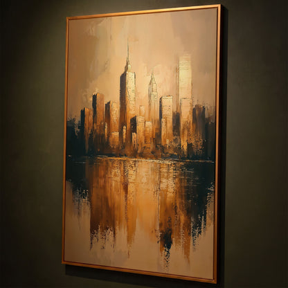 Golden Skyline Reflection Cityscape Canvas shown in antique gold floating frame