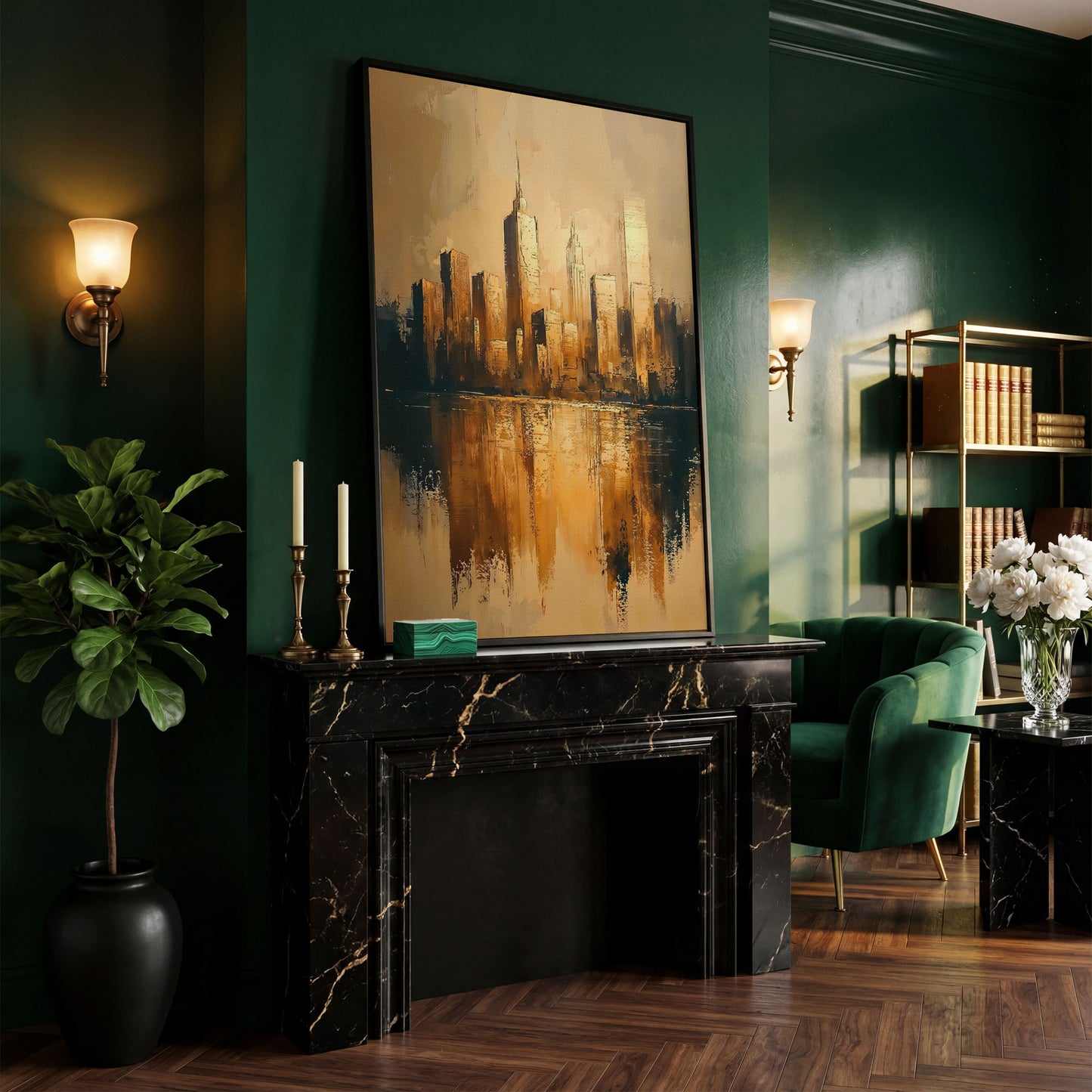 Golden Skyline Reflection Cityscape Canvas in black floating frame