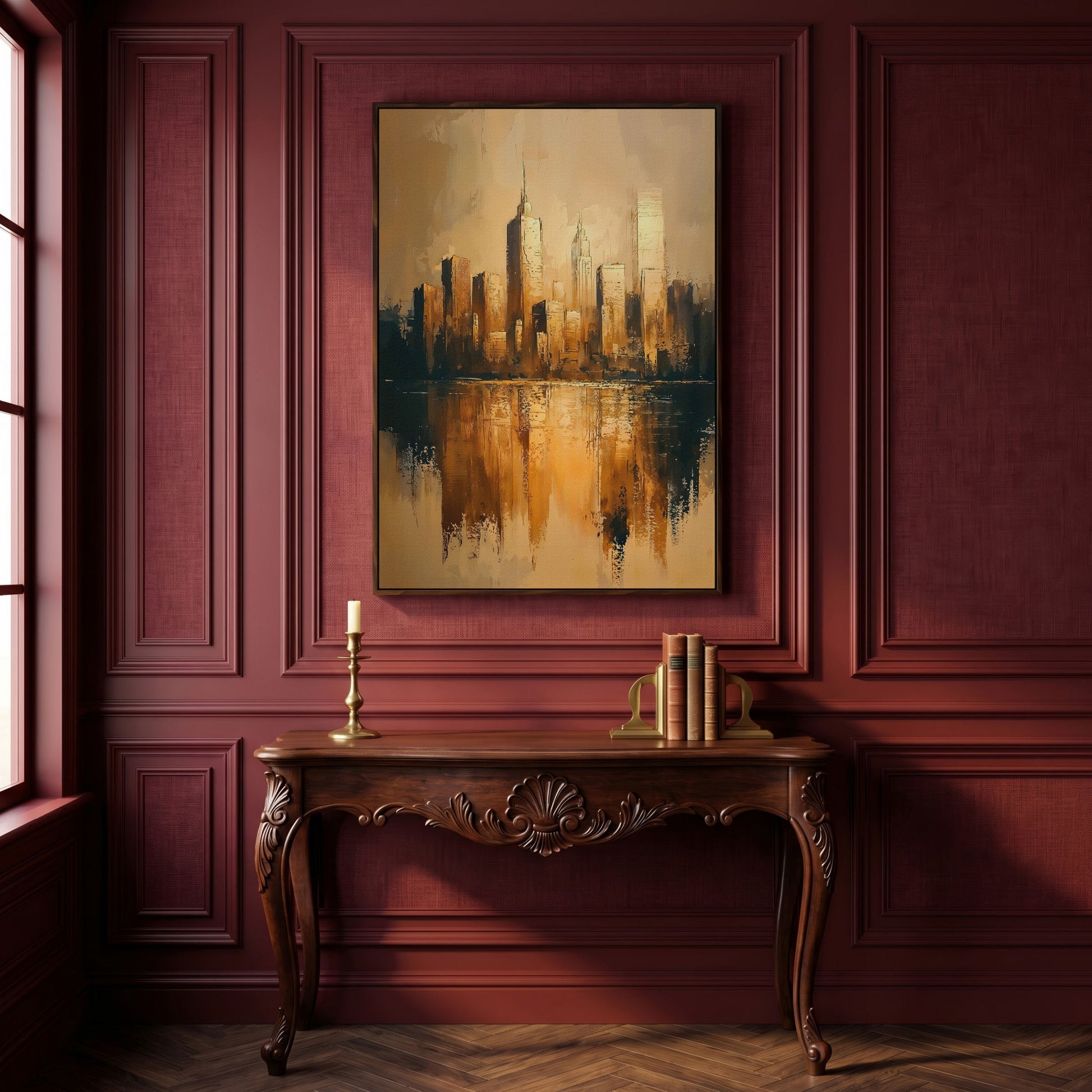 Golden Skyline Reflection Cityscape Canvas in dark walnut floating frame