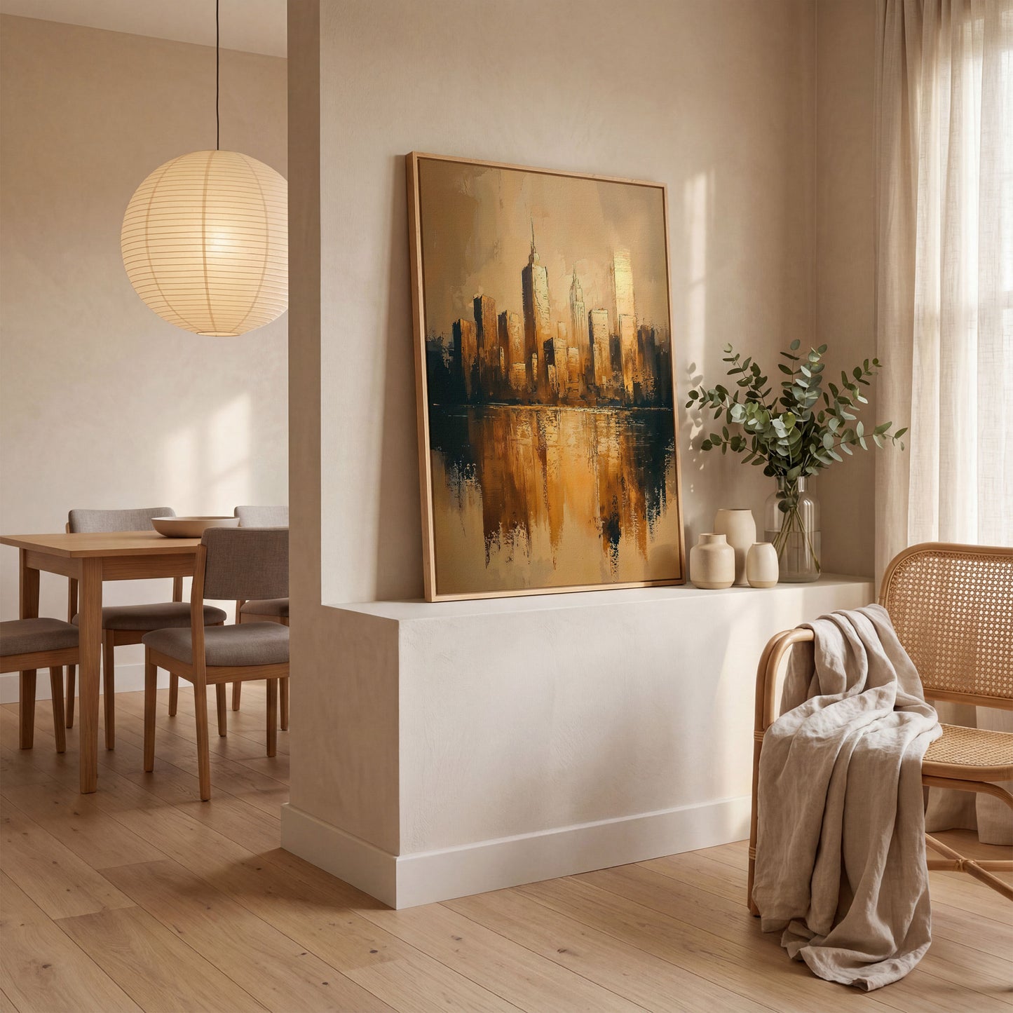 Golden Skyline Reflection Cityscape Canvas in white oak floating frame