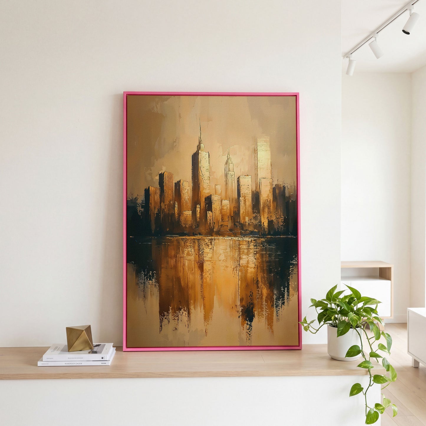 Golden Skyline Reflection Cityscape Canvas in pink floating frame