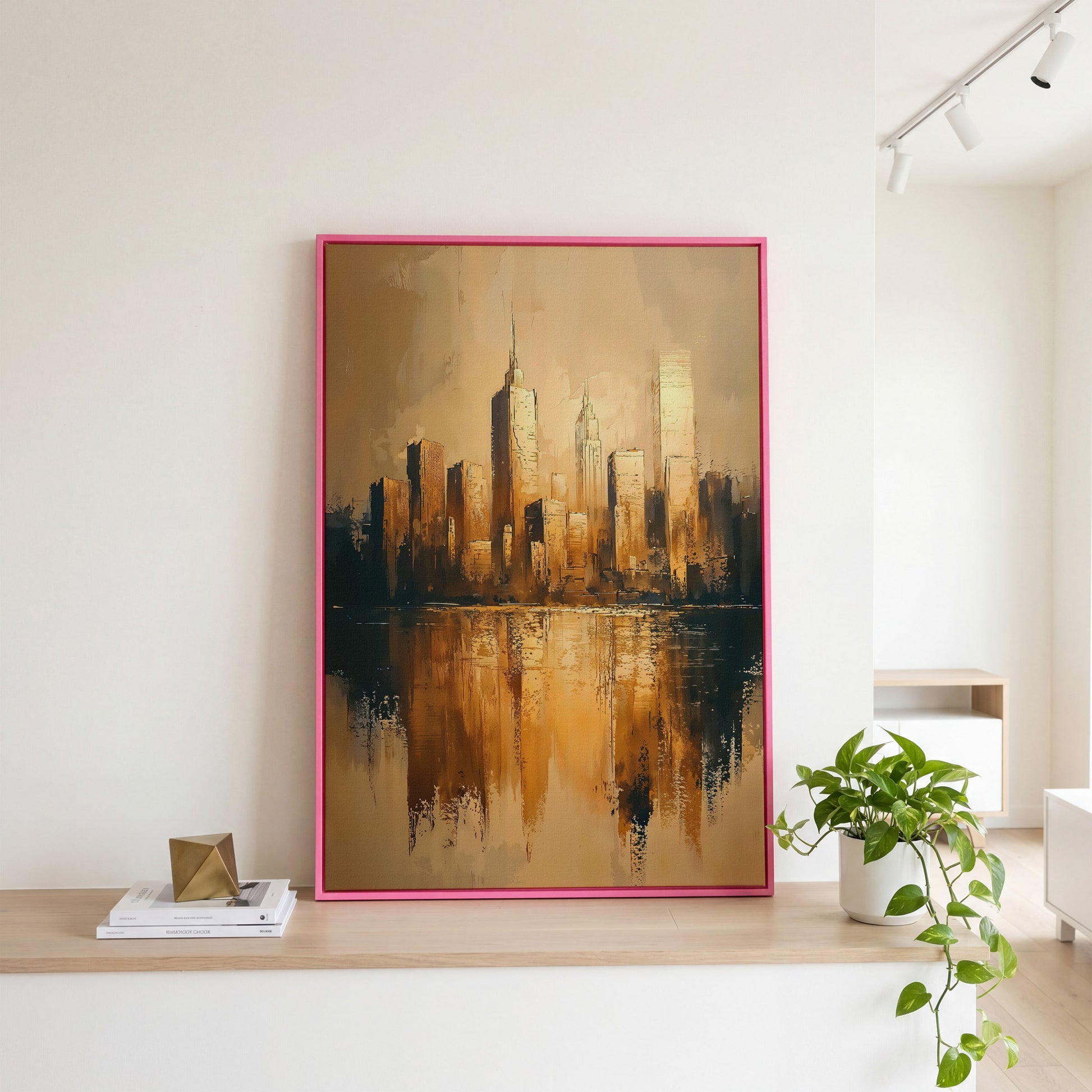 Golden Skyline Reflection Cityscape Canvas in pink floating frame