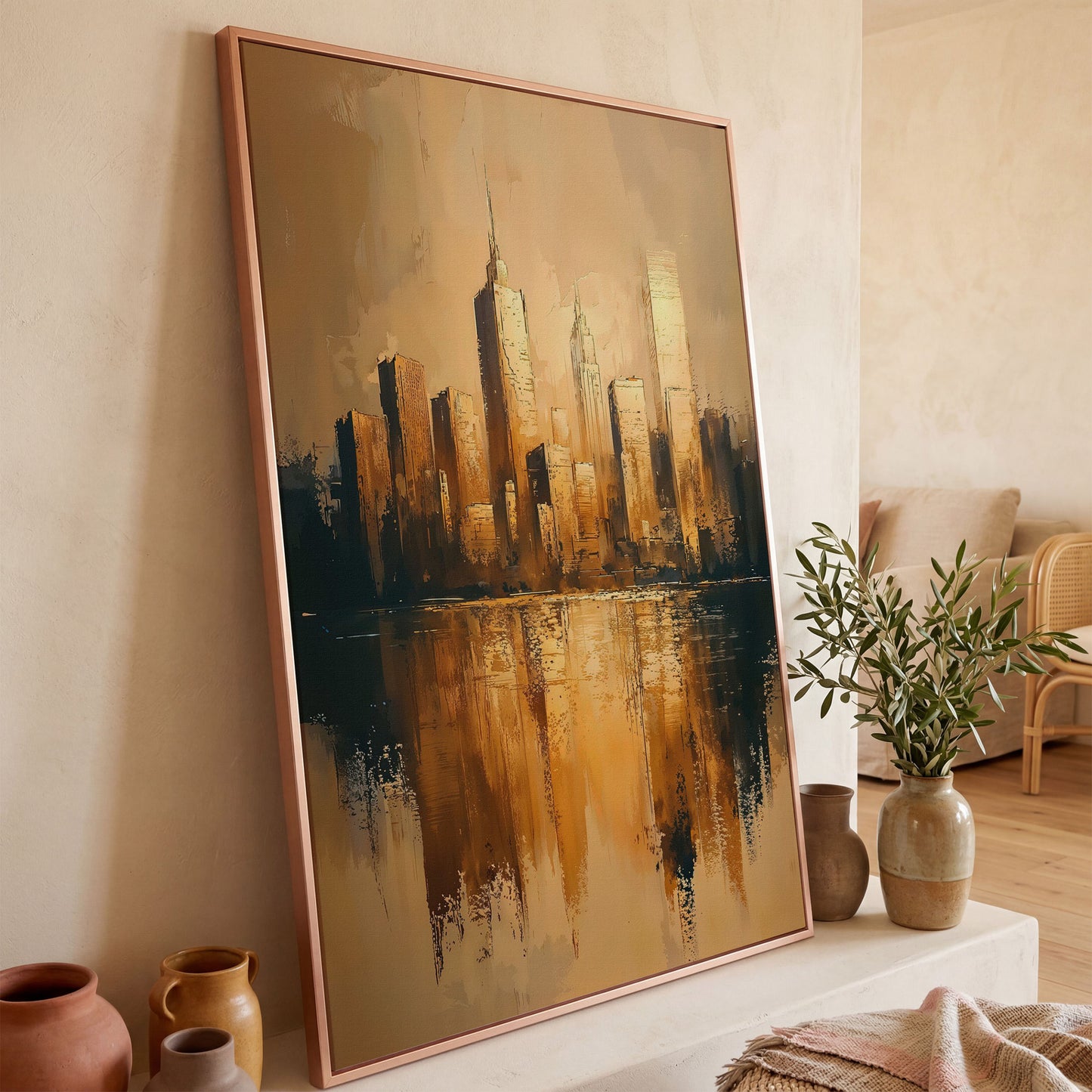 Golden Skyline Reflection Cityscape Canvas in rose gold floating frame