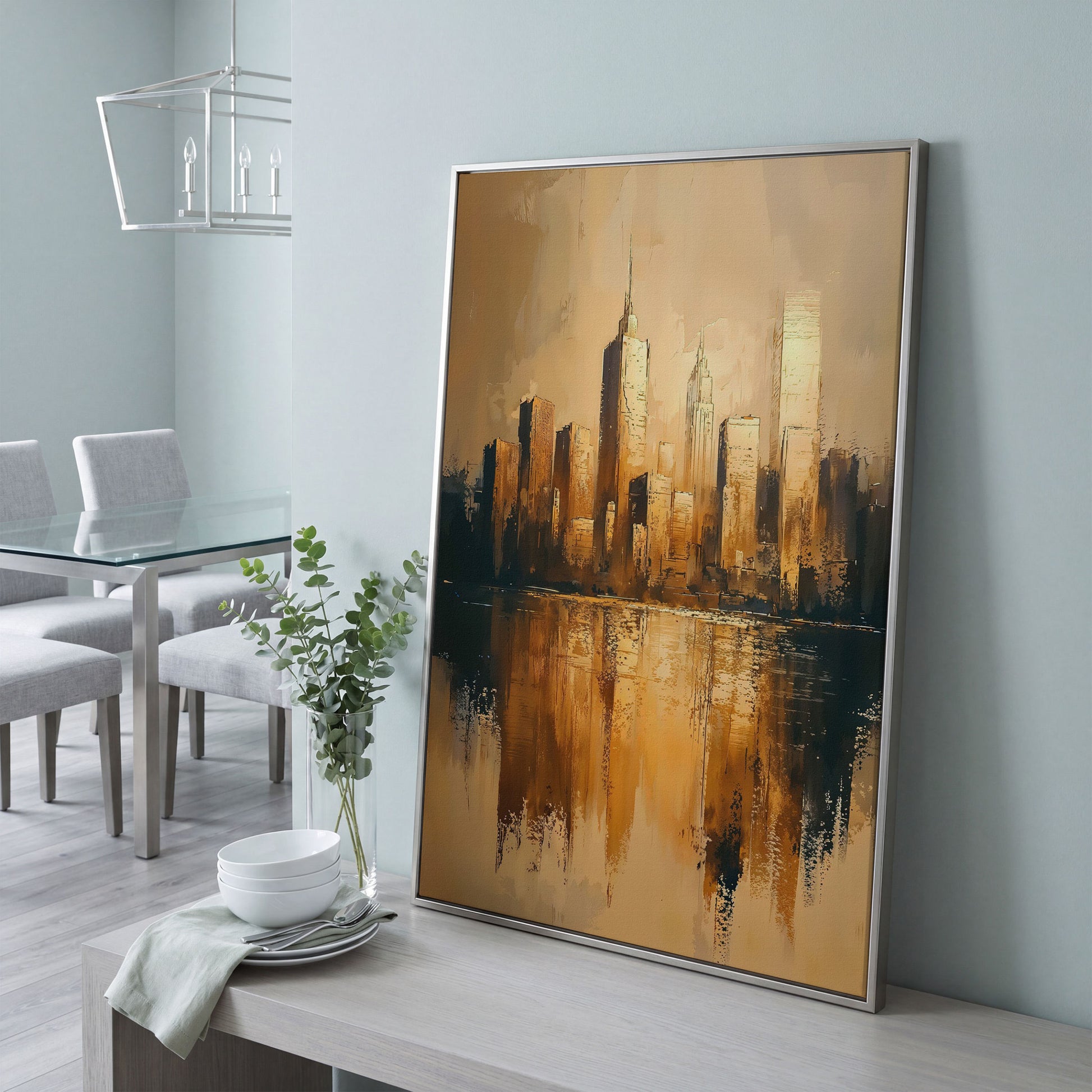 Golden Skyline Reflection Cityscape Canvas in silver floating frame