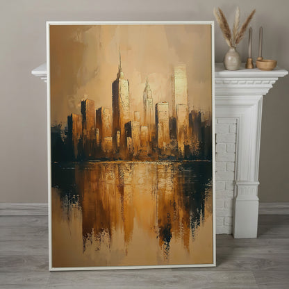 Golden Skyline Reflection Cityscape Canvas in white floating frame
